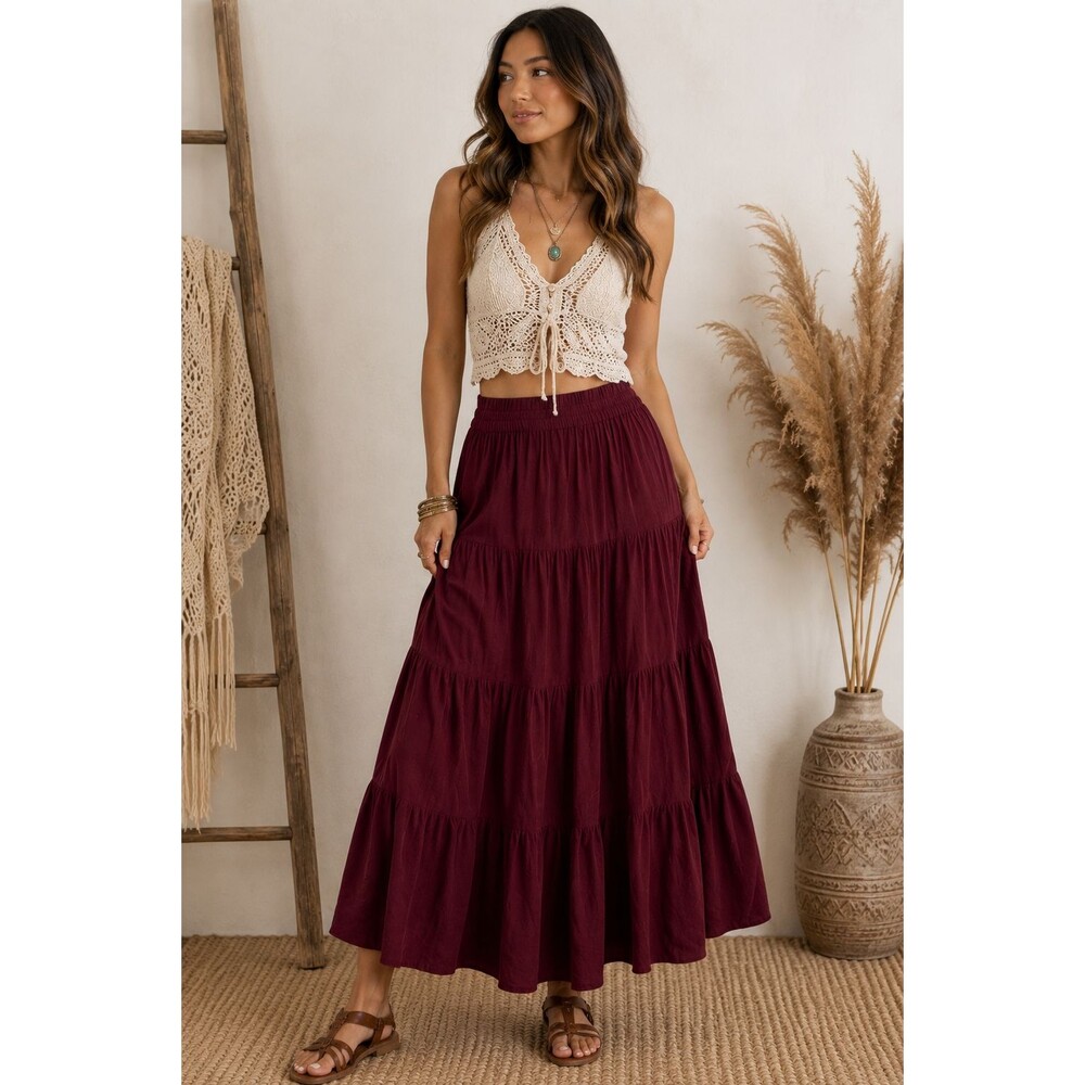Longhorn Western Tiered Maxi Skirt Burgundy Rayon Southwest Boho Prairie XL